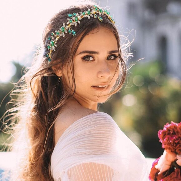 Green Rhinestone Headband Gold Wedding Hair Accessory for Women main image 7
